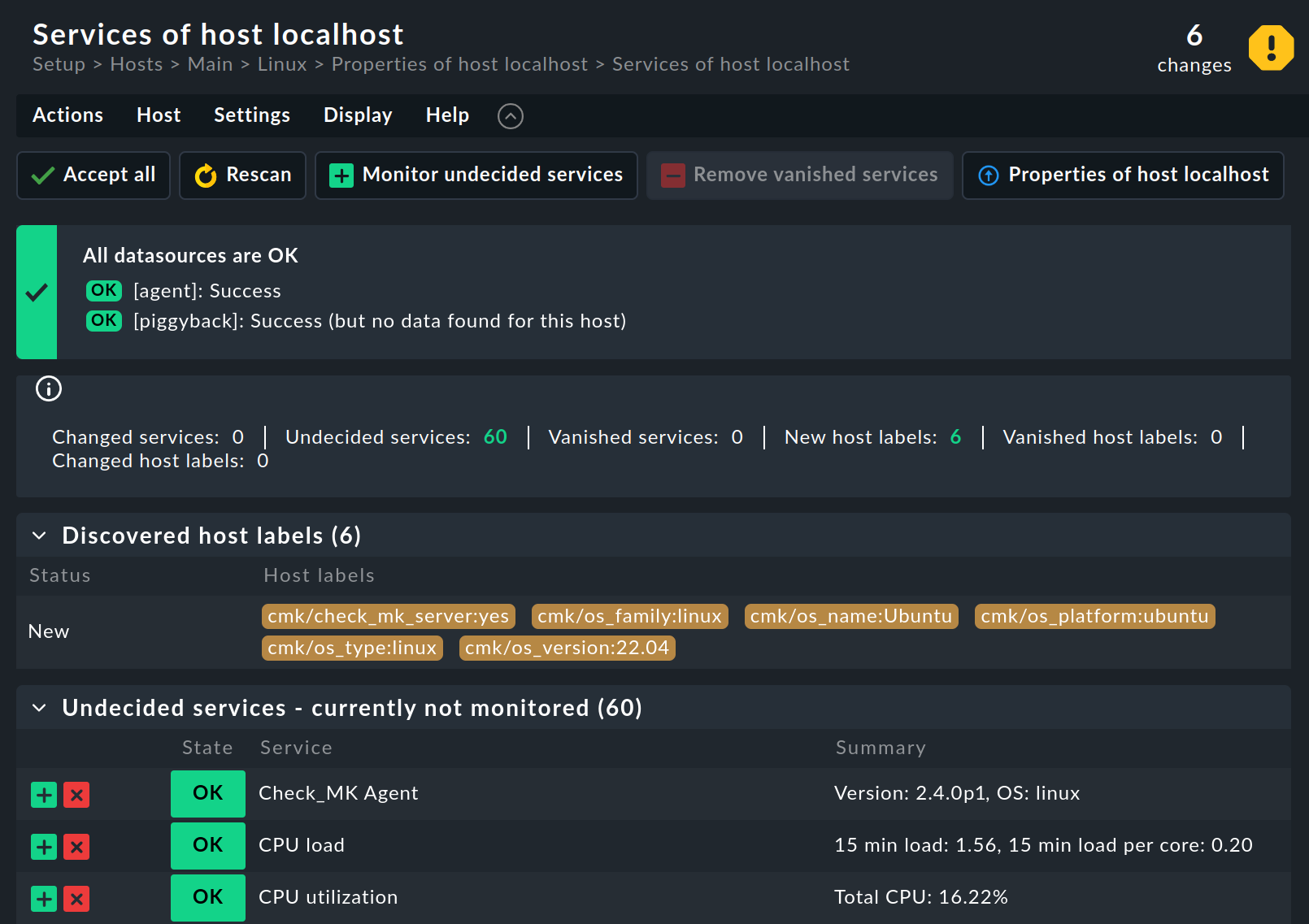 List of services found on the host for adding to monitoring.